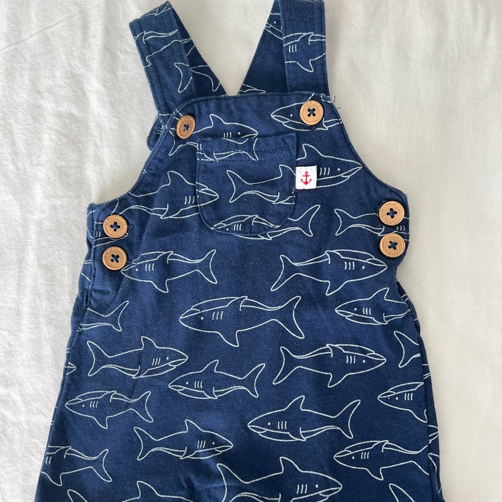 New born shark overalls, carters, like new, smoke free home, pet friendly home